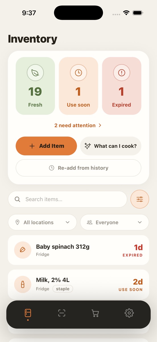 Inventory list showing each item with the time it has left.