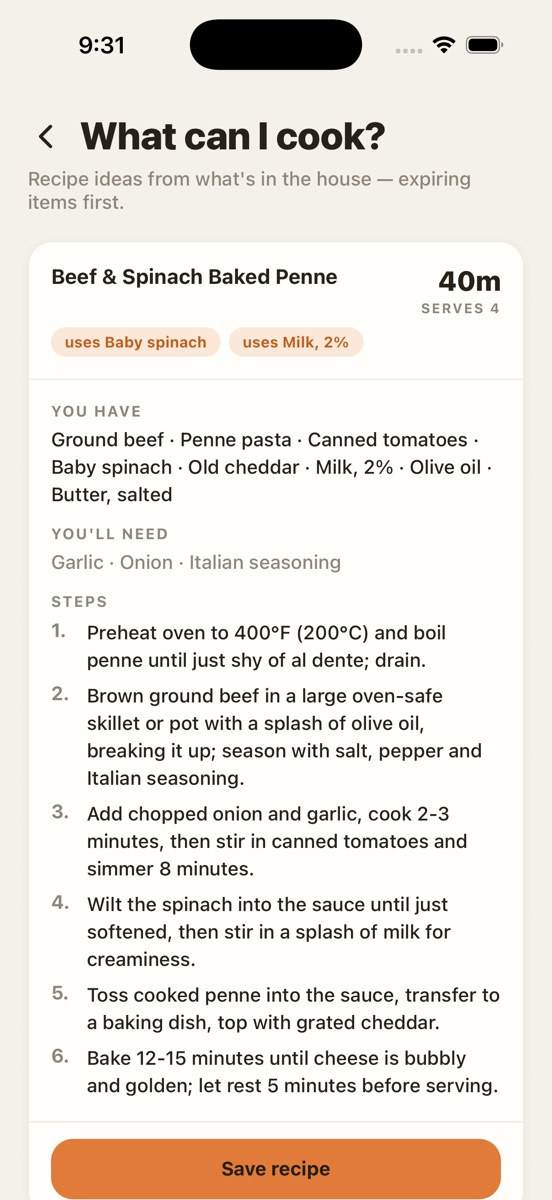 A recipe suggestion built around the ingredients expiring soonest.