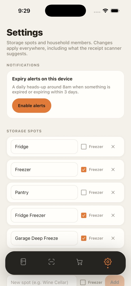 Settings screen listing storage spots including fridge, pantry and garage deep freeze.
