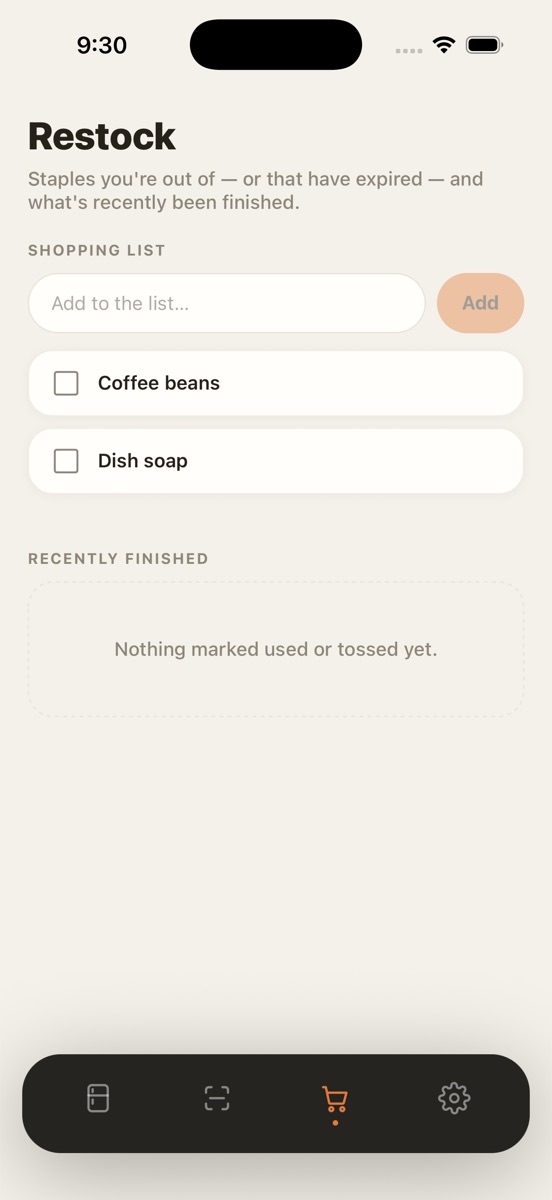 Restock list with staples that have run out or expired.